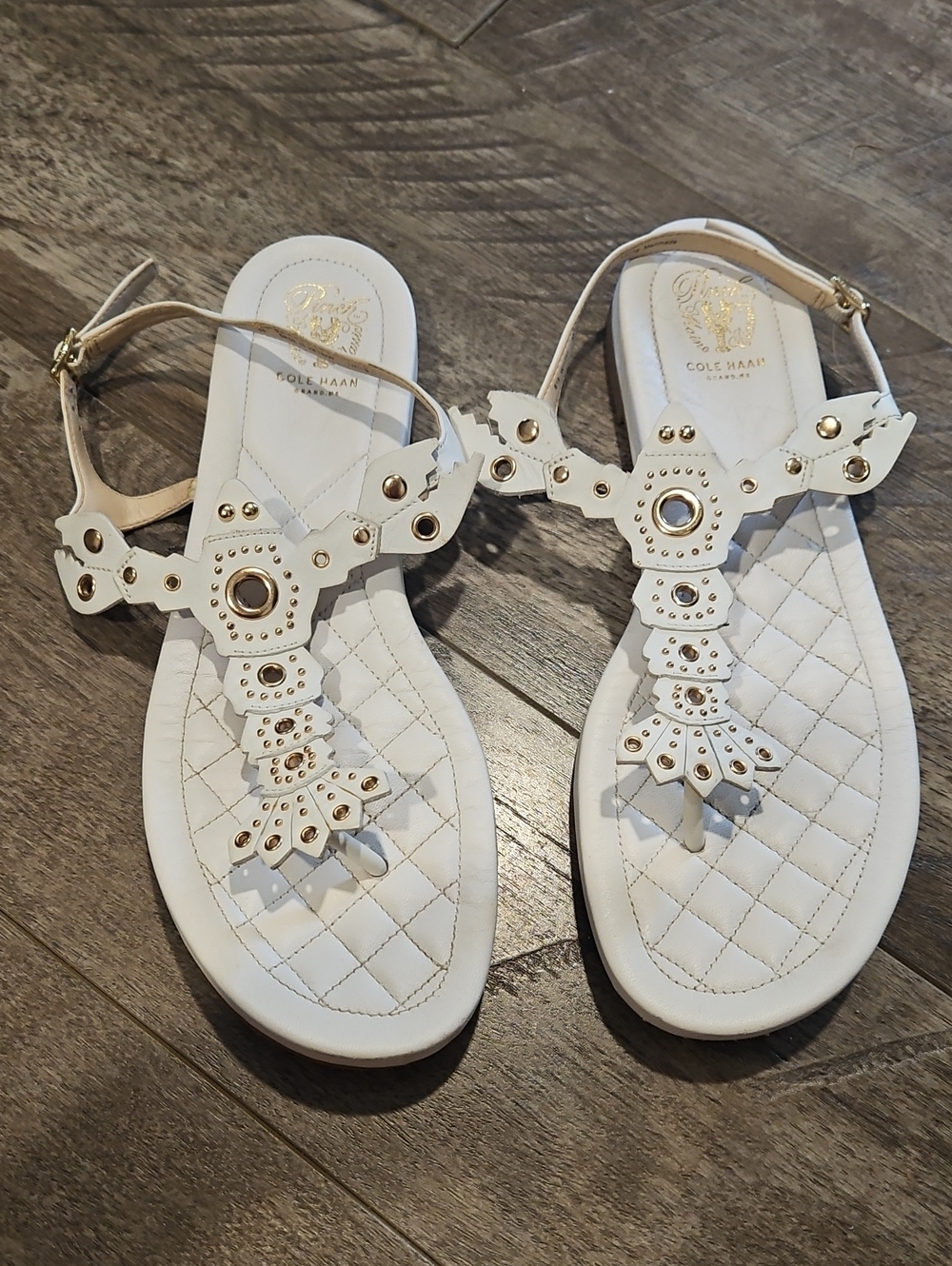 Cole Haan White Leather Embellished T-Strap Sandals with Gold Accents